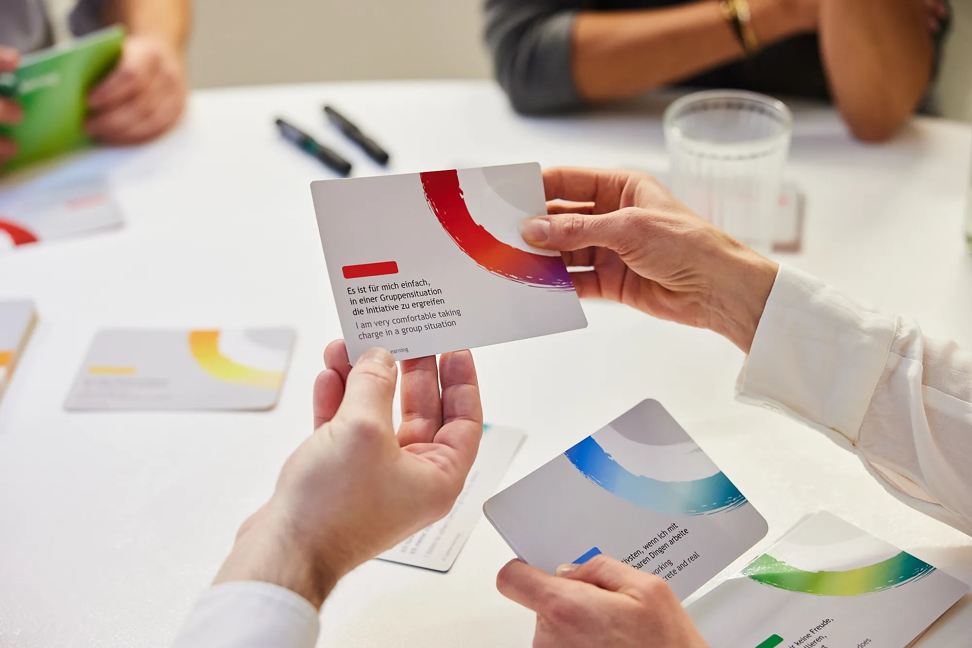 Systemisches Teamcoaching – Coach arbeitet mit Analyse- und Reflexionskarten in Teambuilding Coach Session