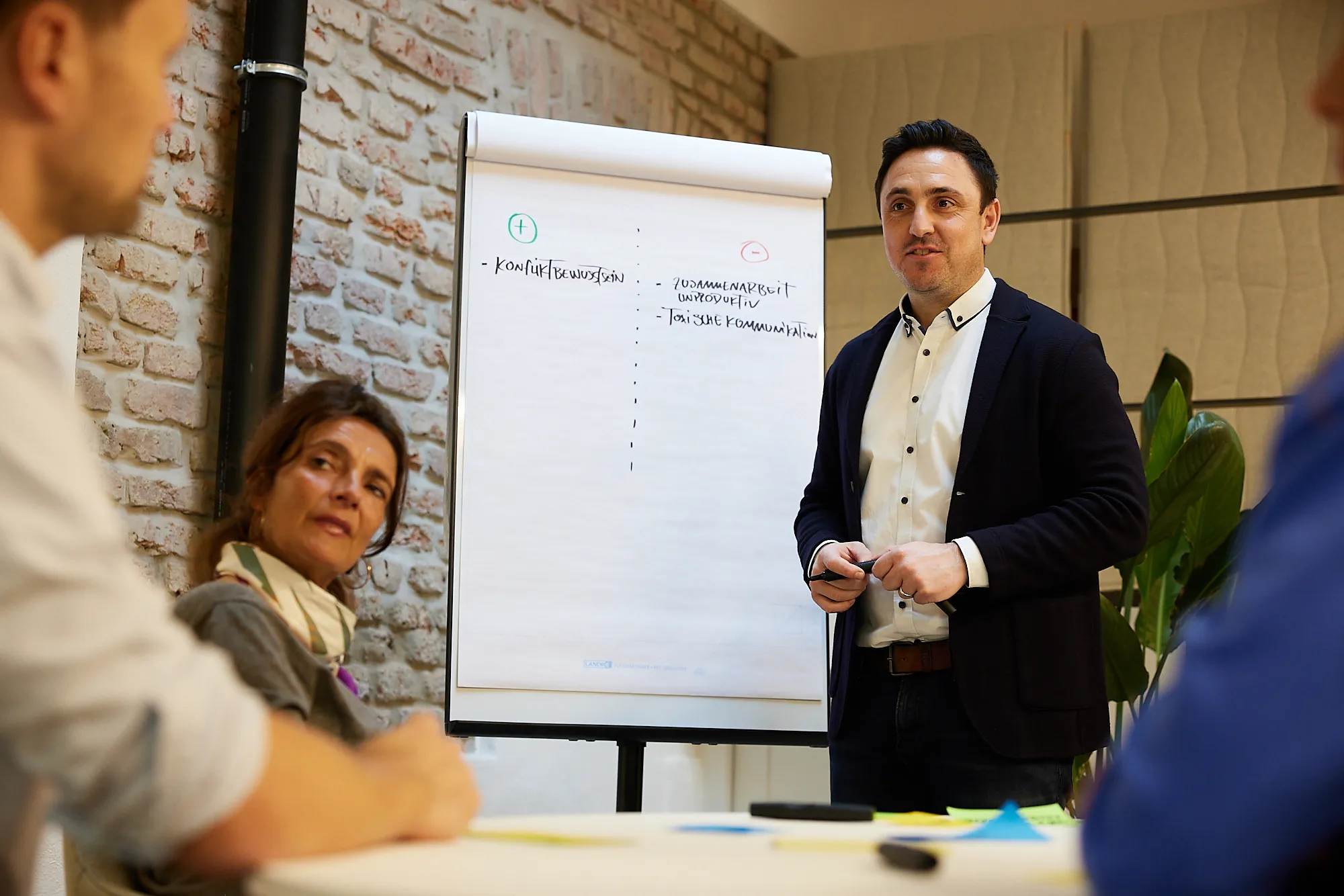 Coach führt durch Change Agent Ausbildung an Flipchart