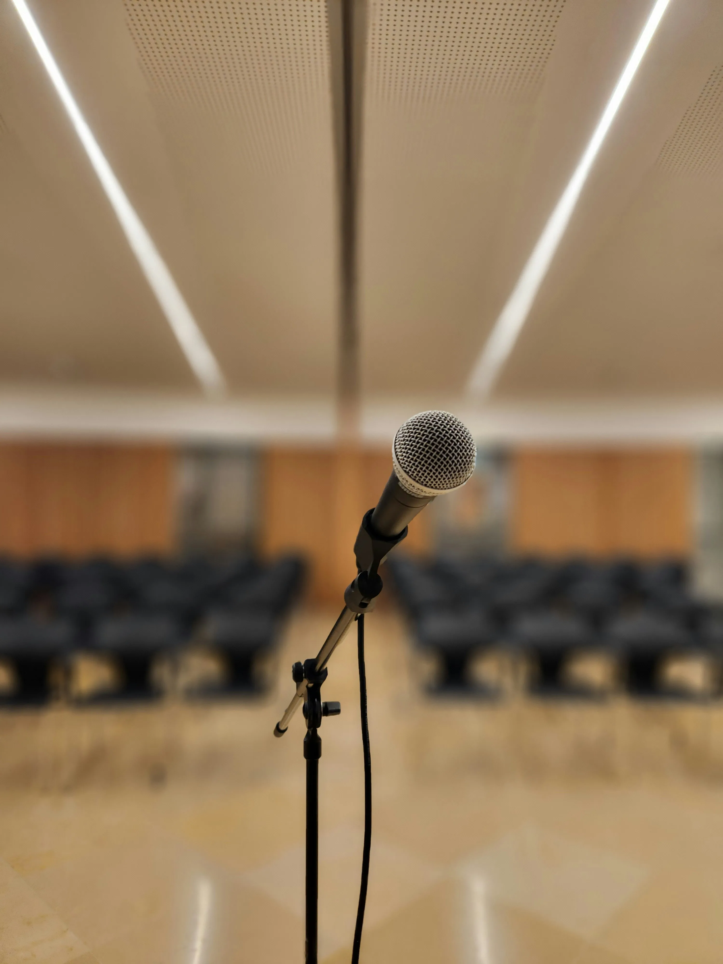 Mikrofon in Vorlesungssaal zum Thema Leitbildentwicklung
